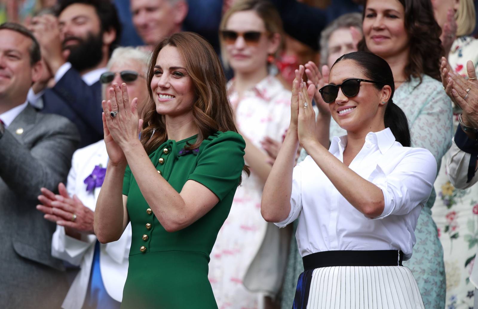 Kate Middleton, the Duchess of Cambridge, Meghan Markle, the Duchess of Sussex and Pippa MIddleton watch the Ladies Singles Final between Serena Williams and Simona Halep at The Wimbledon Championships tennis, Wimbledon, London on July 13, 2019