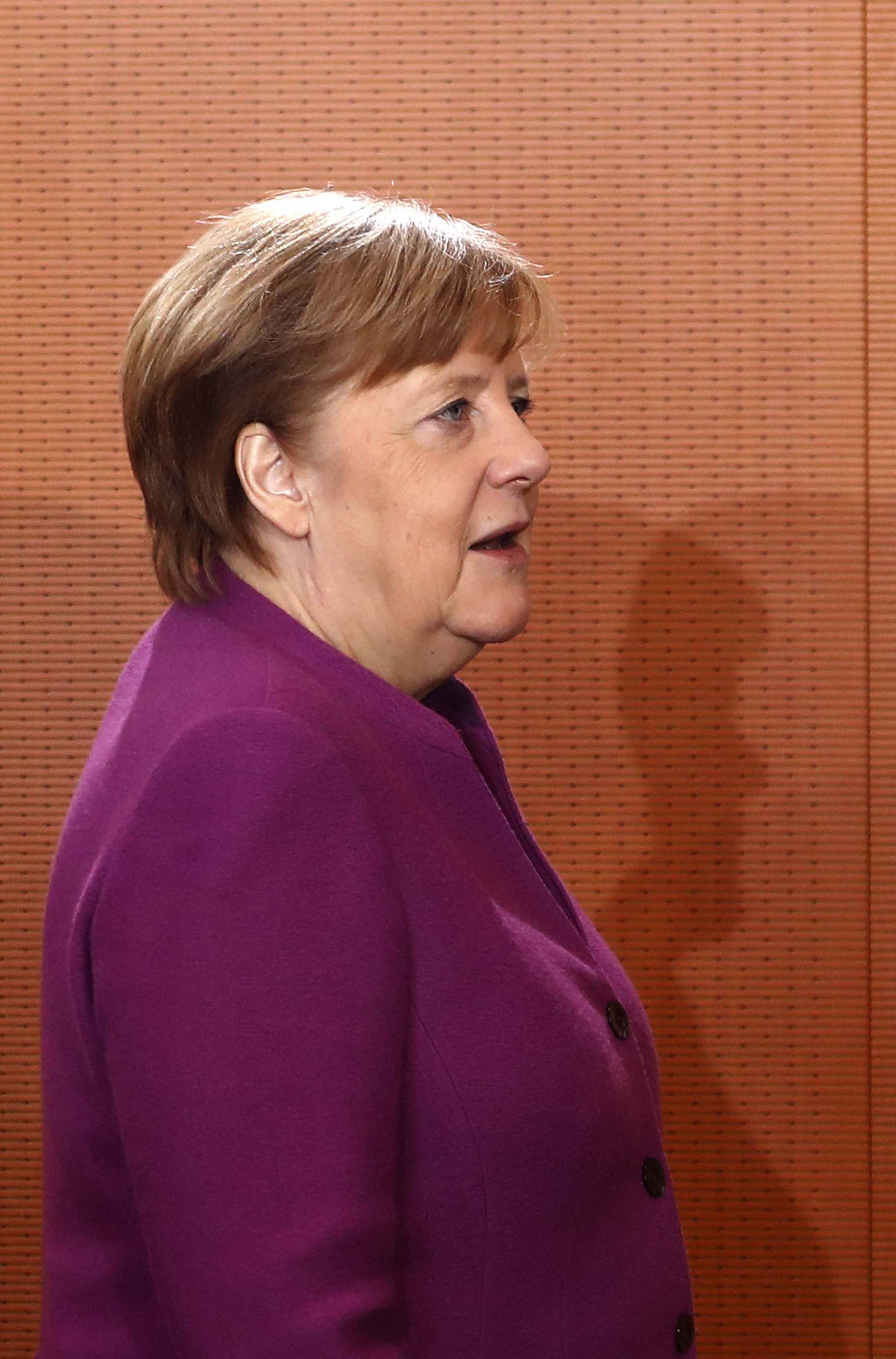 German Chancellor Angela Merkel arrives at the weekly cabinet meeting at the Chancellery in Berlin