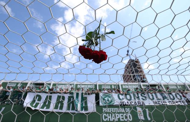 A flower is pictured in a net of the Arena Conda stadium in tribute to the players of Chapecoense soccer team in Chapeco