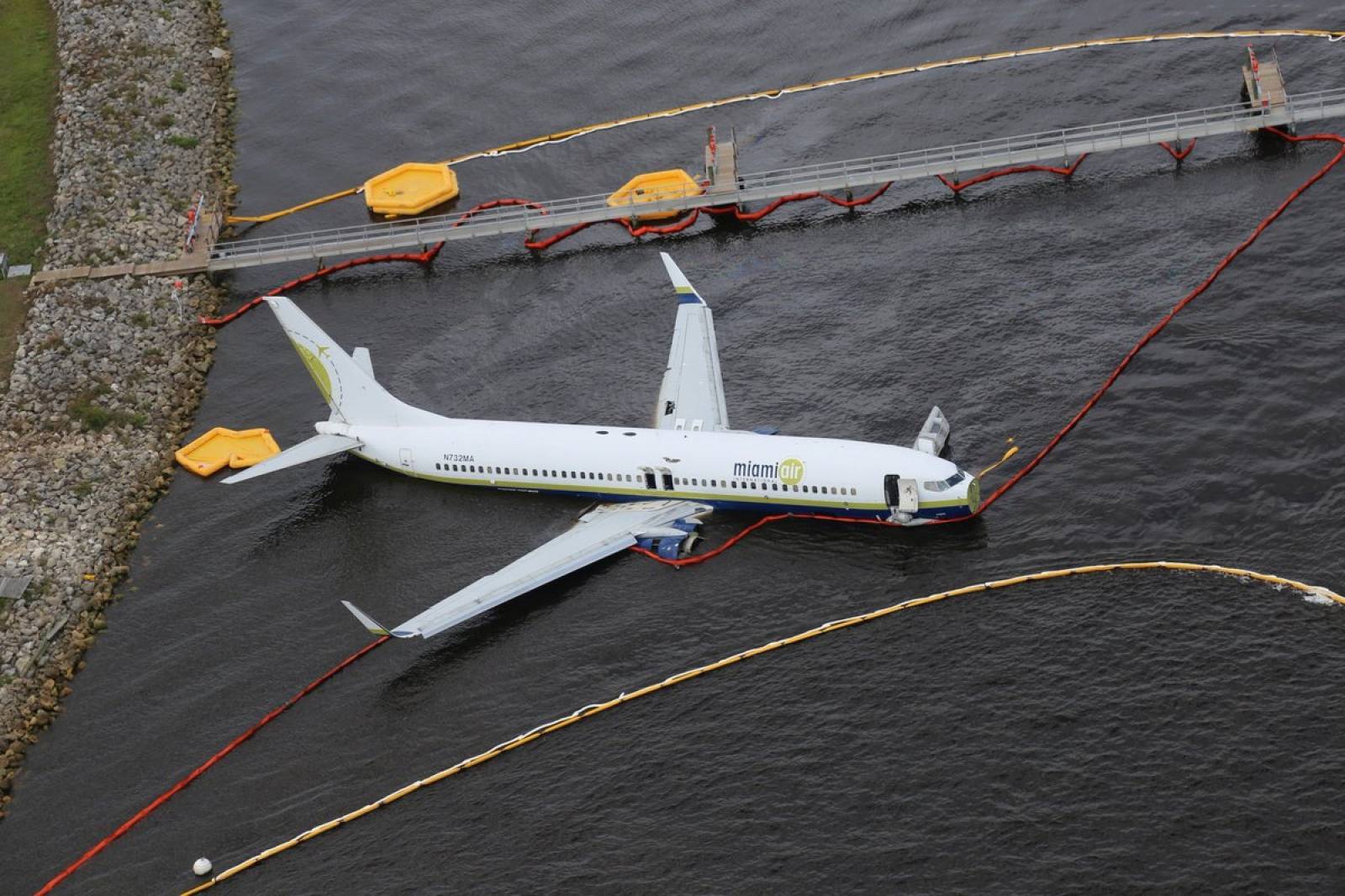 Aerial view of the Miami Air International Boeing 737-800 that overran the runway at NAS Jacksonville
