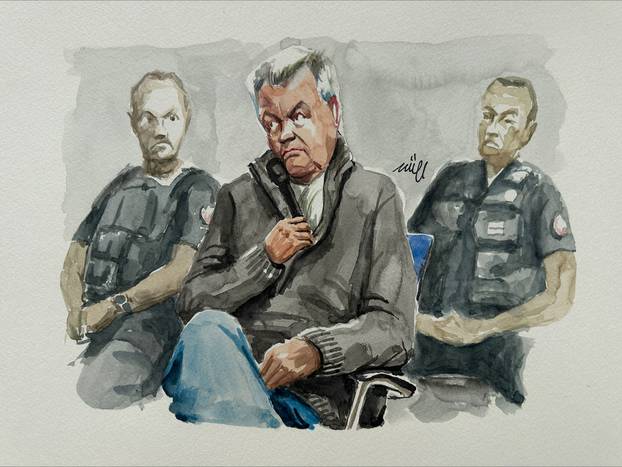 Courtroom sketch of Dominique Pelicot, who appears at the courthouse in Avignon