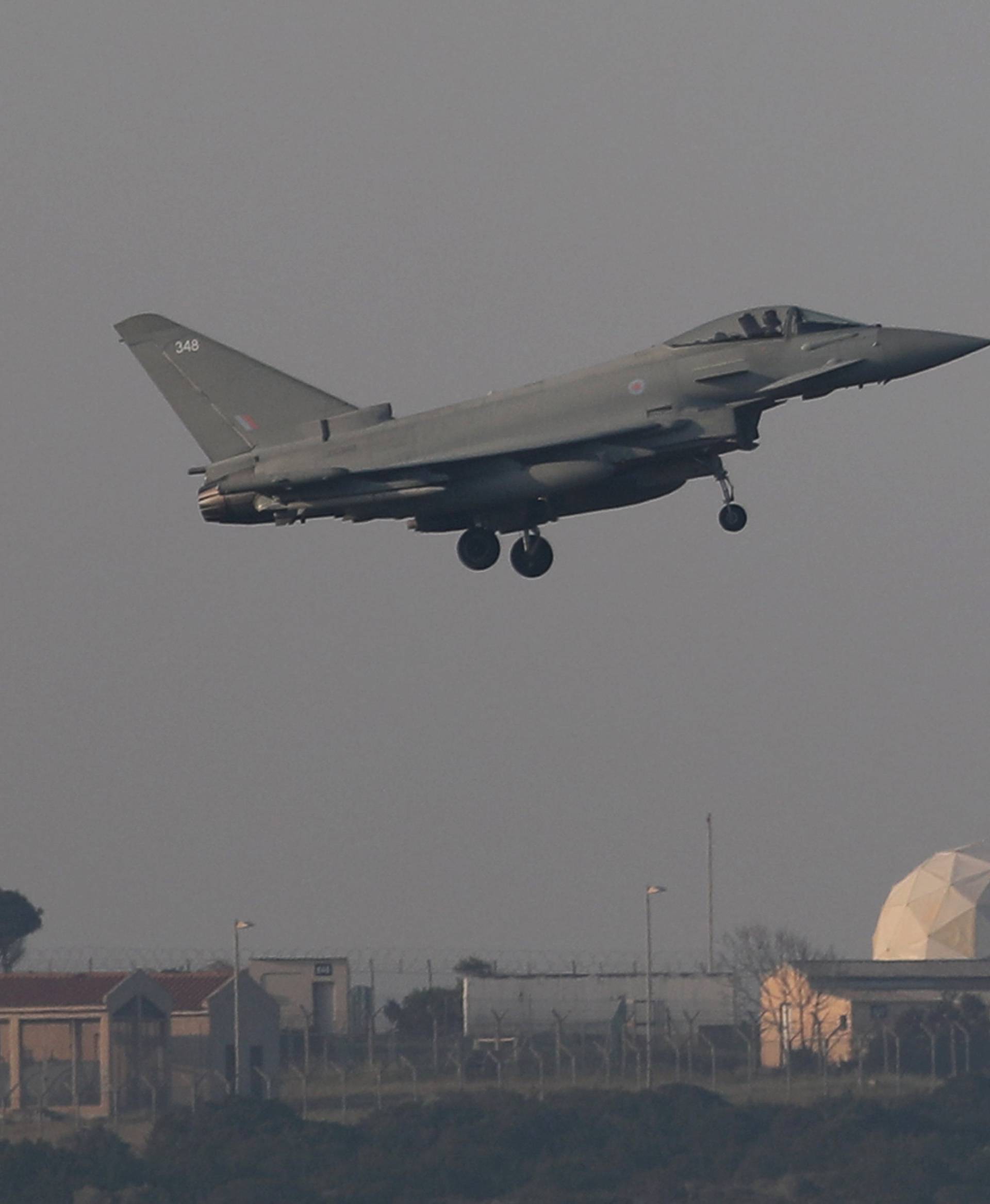 A French fighter jet prepares to land at RAF Akrotiri, a military base Britain maintains on Cyprus
