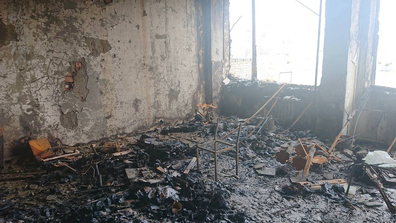 An interior view of a damaged building at the Zaporizhzhia Nuclear Power Plant compound in Enerhodar