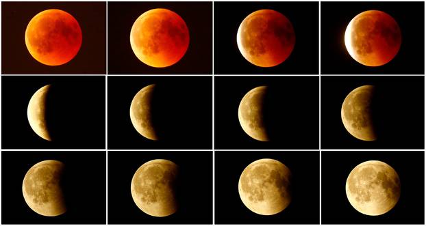 FILE PHOTO: A combination photo shows the lunar eclipse from a blood moon (top L)  back to full moon (bottom right) in the sky over Frankfurt