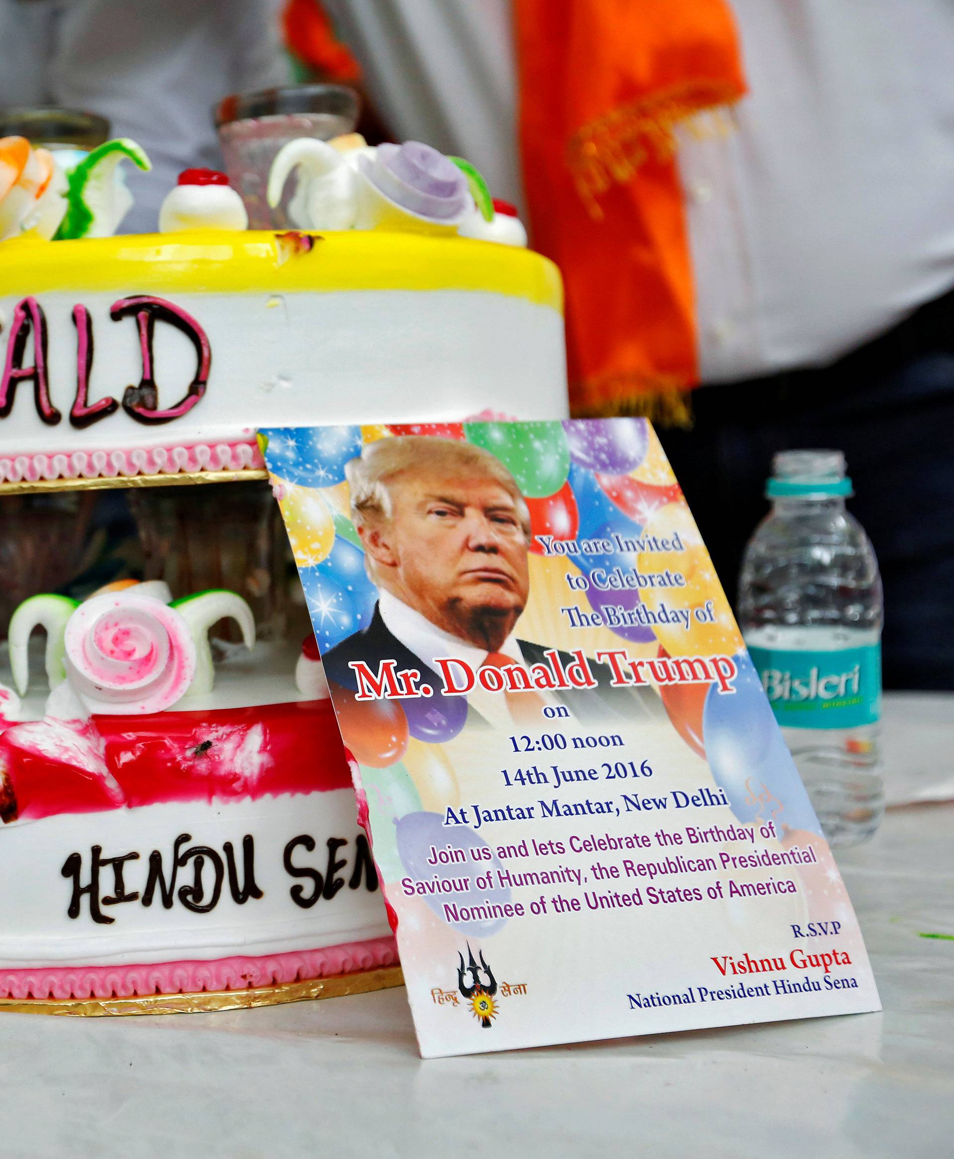 Members of Hindu Sena, a right wing Hindu group, celebrate U.S. Republican presidential candidate Trump's birthday in New Delhi