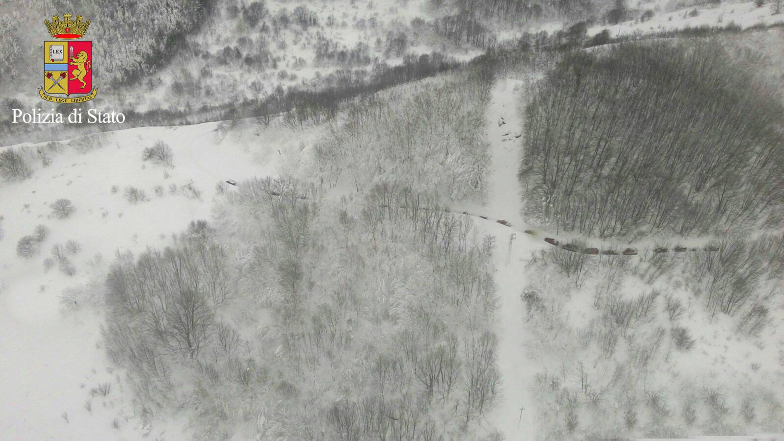 An aerial photo shows the rescuers heading to Hotel Rigopiano in Farindola, central Italy, hit by an avalanche.