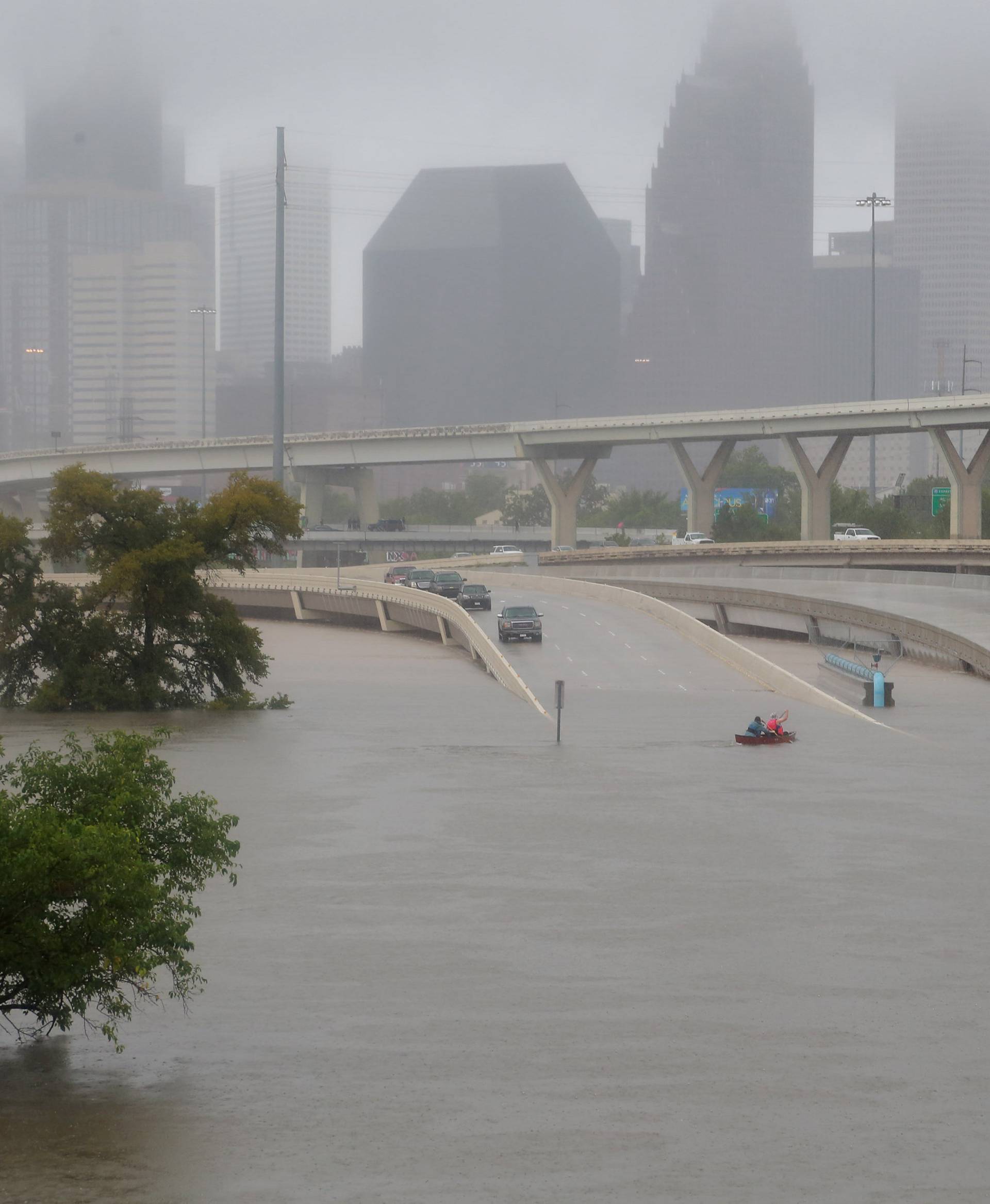 Submerged freeways from the effects of Hurricane Harvey are seen during widespread flooding in Houston