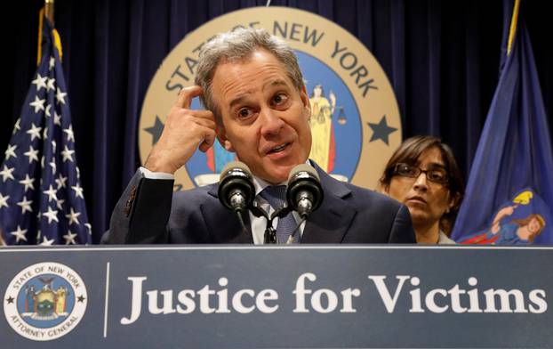 New York Attorney General Eric Schneiderman speaks during a news conference to discuss the civil rights lawsuit filed against The Weinstein Companies and Harvey Weinstein in New York