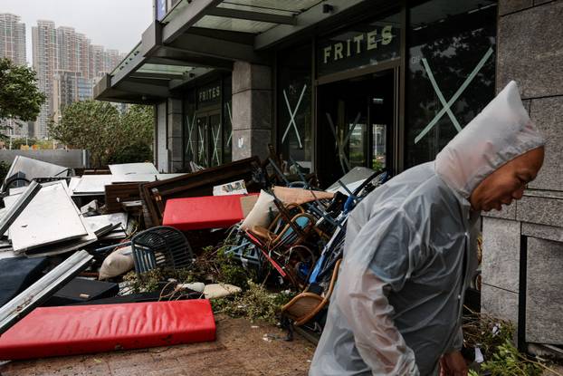 A damaged restaurant stands in the aftermath of Super Typhoon Ragasa in Hong Kong