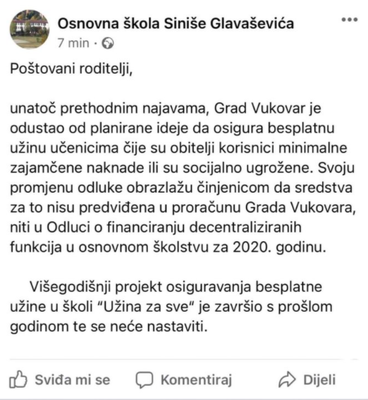 Država još uvijek nije raspisala natječaj preko kojeg se plaćaju obroci za siromašne učenike