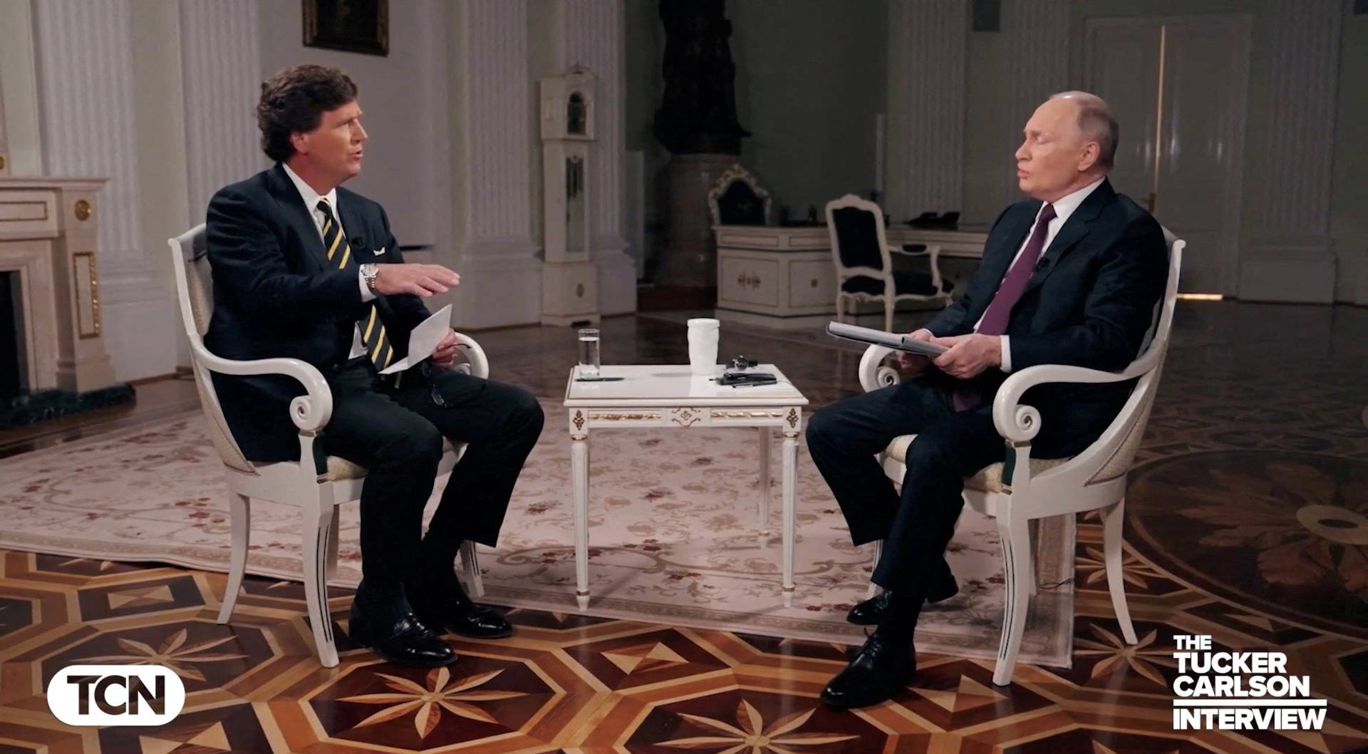 Russian President Vladimir Putin speaks during an interview with U.S. television host Tucker Carlson, in Moscow