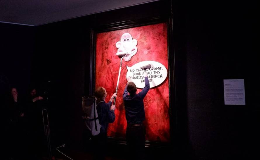 Animal Rising activists vandalise King Charles III portrait with “Wallace and Gromit” cutout