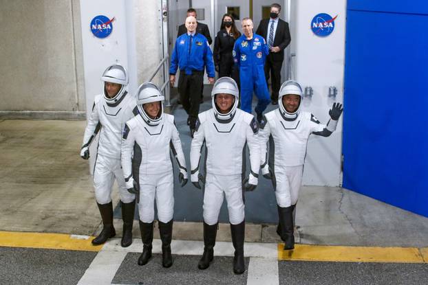 ESA, NASA and JAXA astronauts arrive for the boarding of the SpaceX Falcon 9 rocket with the Crew Dragon capsule, in Cape Canaveral