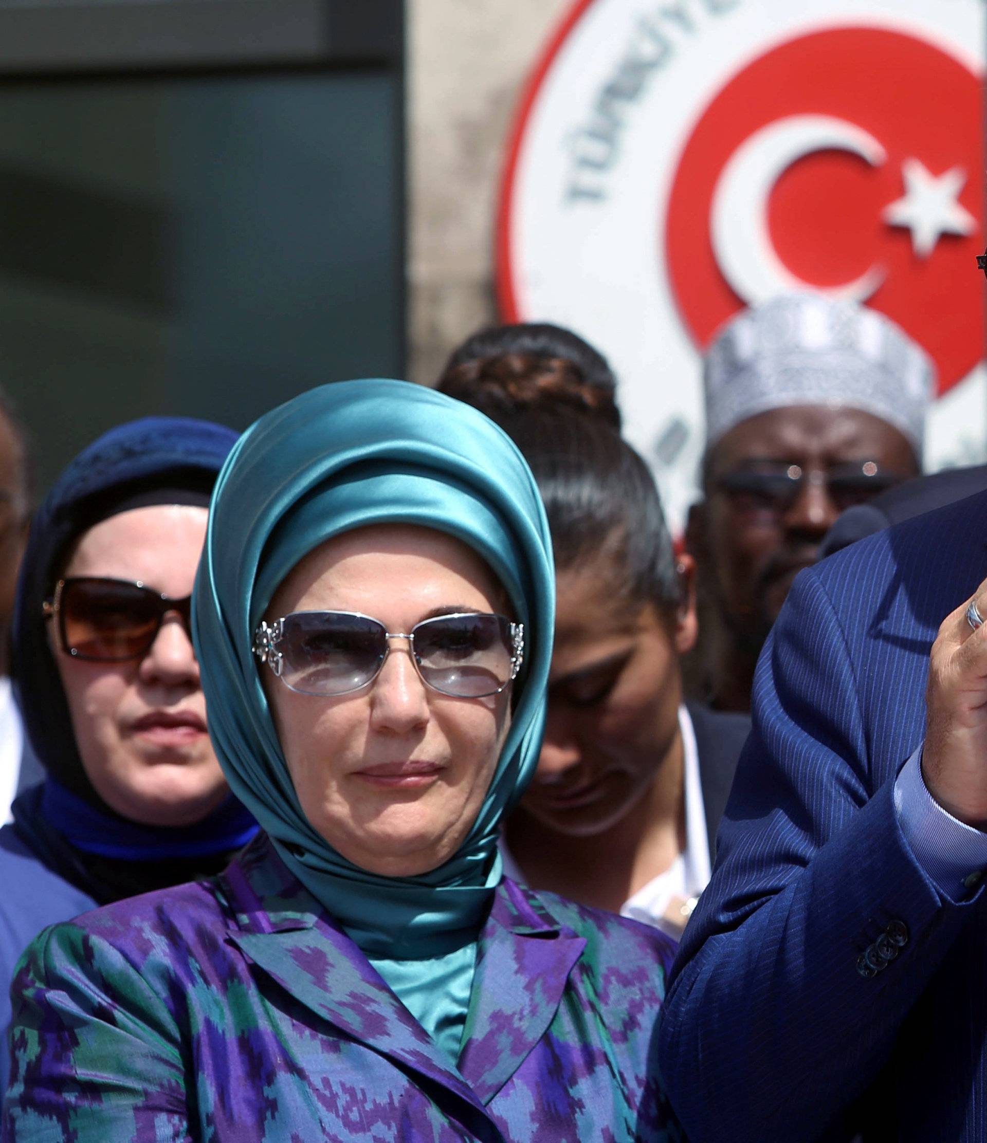 Turkish President Erdogan flanked by his wife Emine addresses guests during the opening ceremony of the new Turkish embassy in Abdiazizi district of Somalia's capital Mogadishu