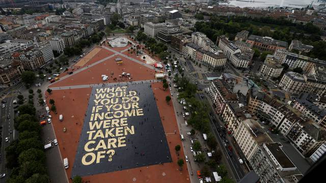 A 8,000 square meter poster is pictured on the Plainpalais square in Geneva