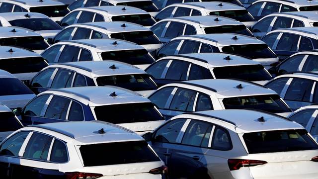 FILE PHOTO: Cars are parked in the courtyard of Skoda Auto in Mlada Boleslav