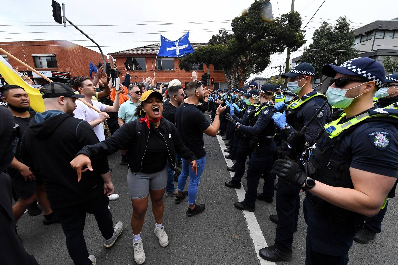 Protesters gather during a "The Worldwide Rally for Freedom" demonstration in Melbourne