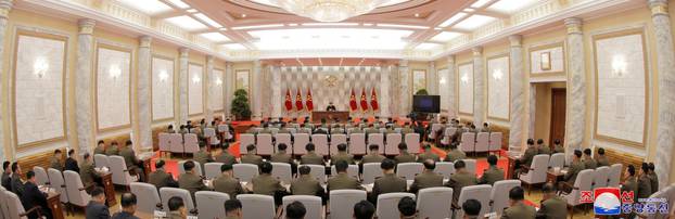 North Korean leader Kim Jong Un speaks during the conference of the Central Military Committee of the Workers