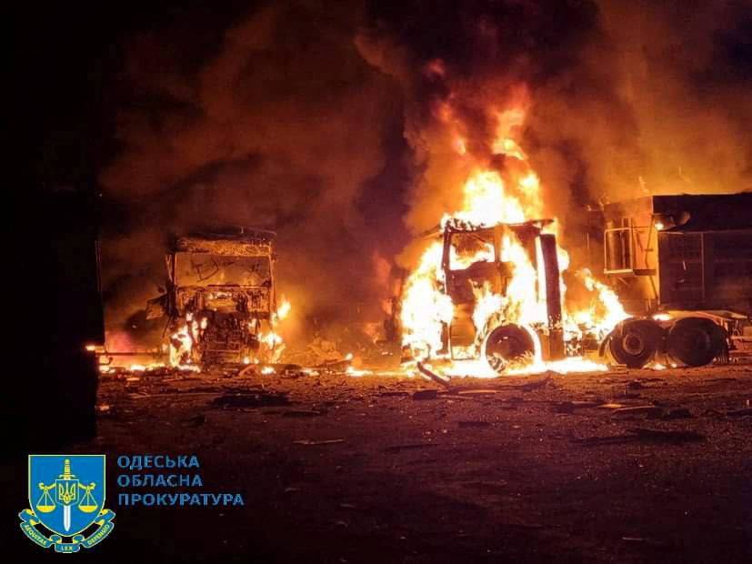 A view of vehicles on fire, amid Russia's attack on Ukraine, in a location given as Odesa region