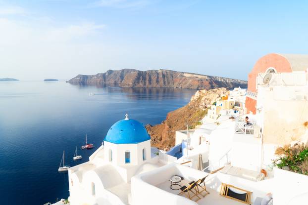 white belfries Santorini island, Greece