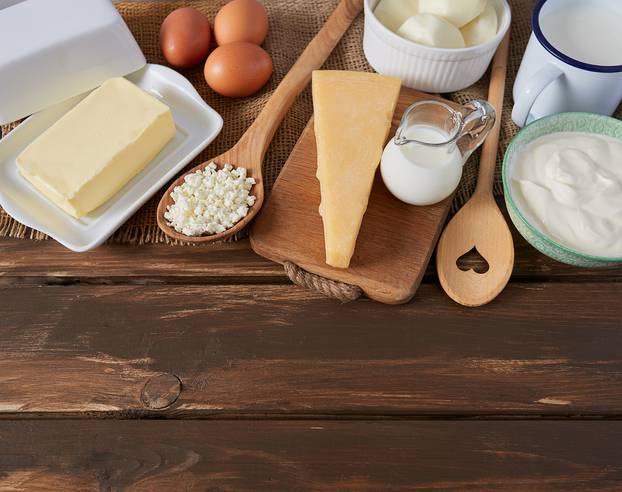 dairy products on wooden surface