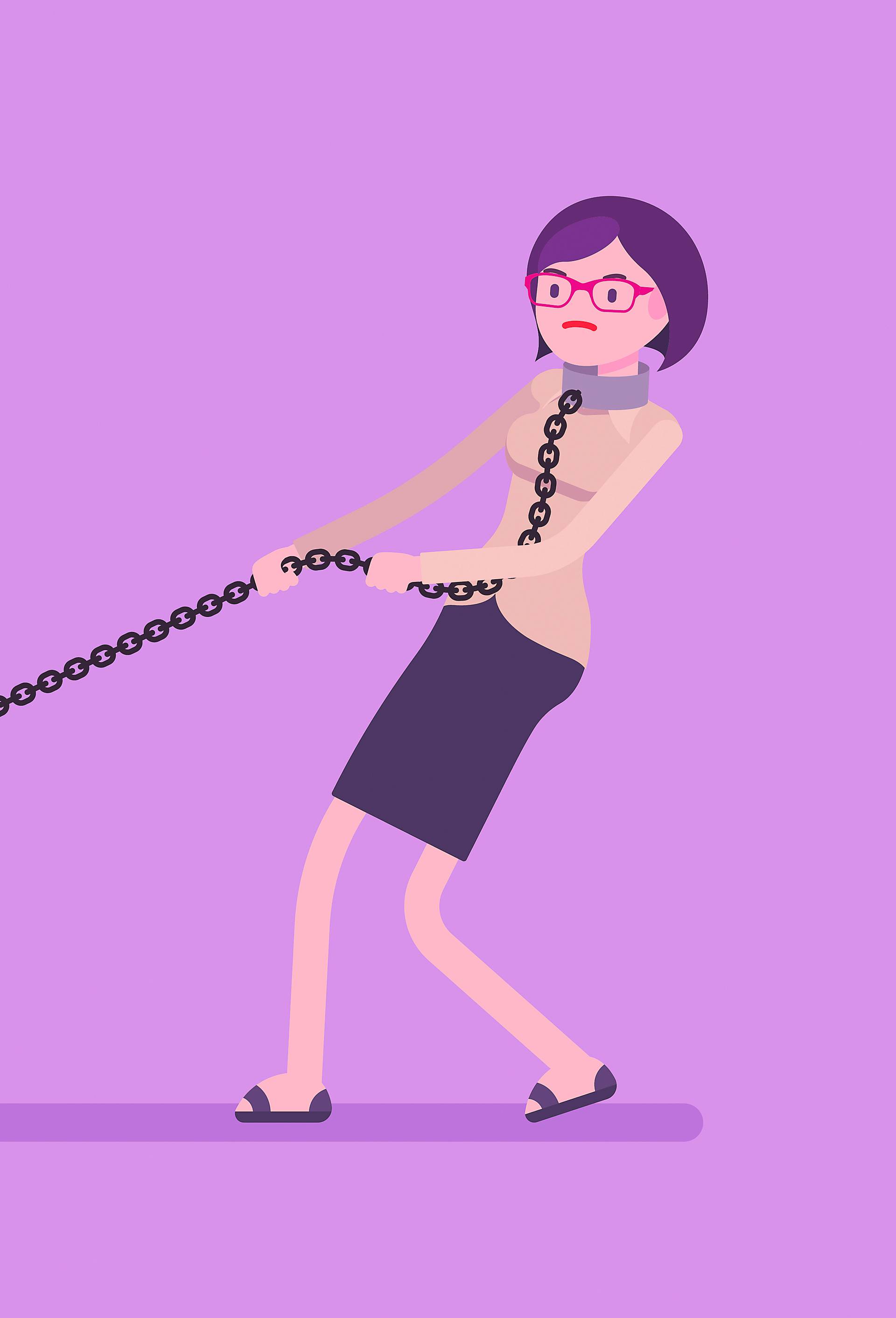 Businesswoman dragging a weight Debt on chain