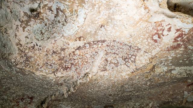 A handout image of a painting created at least 51,200 years ago in the limestone cave of Leang Karampuang portrays three human-like figures interacting with a wild pig