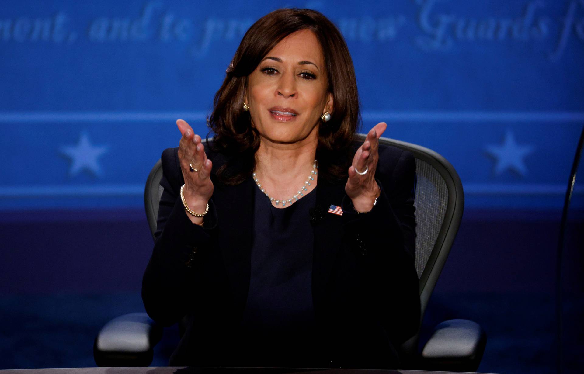 Democratic vice presidential nominee Senator Kamala Harris and U.S. Vice President Mike Pence participate in their 2020 vice presidential campaign debate in Salt Lake City