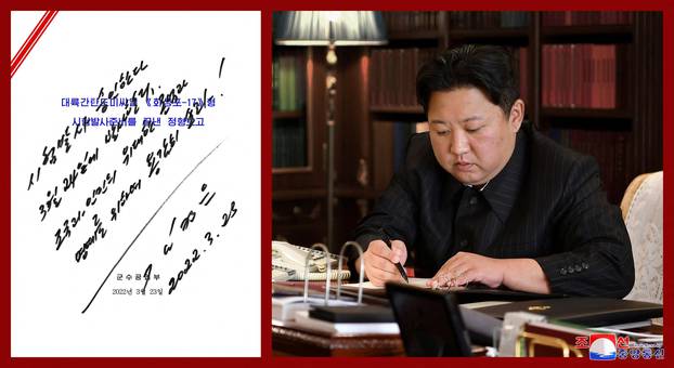 A combination photo shows North Korean leader Kim Jong Un signing the order to test fire what state media report is a "new type" of intercontinental ballistic missile (ICBM) and a view of the order signed
