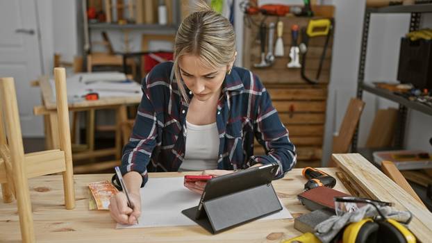 Focused,Young,Woman,Calculating,Expenses,In,Carpentry,Workshop