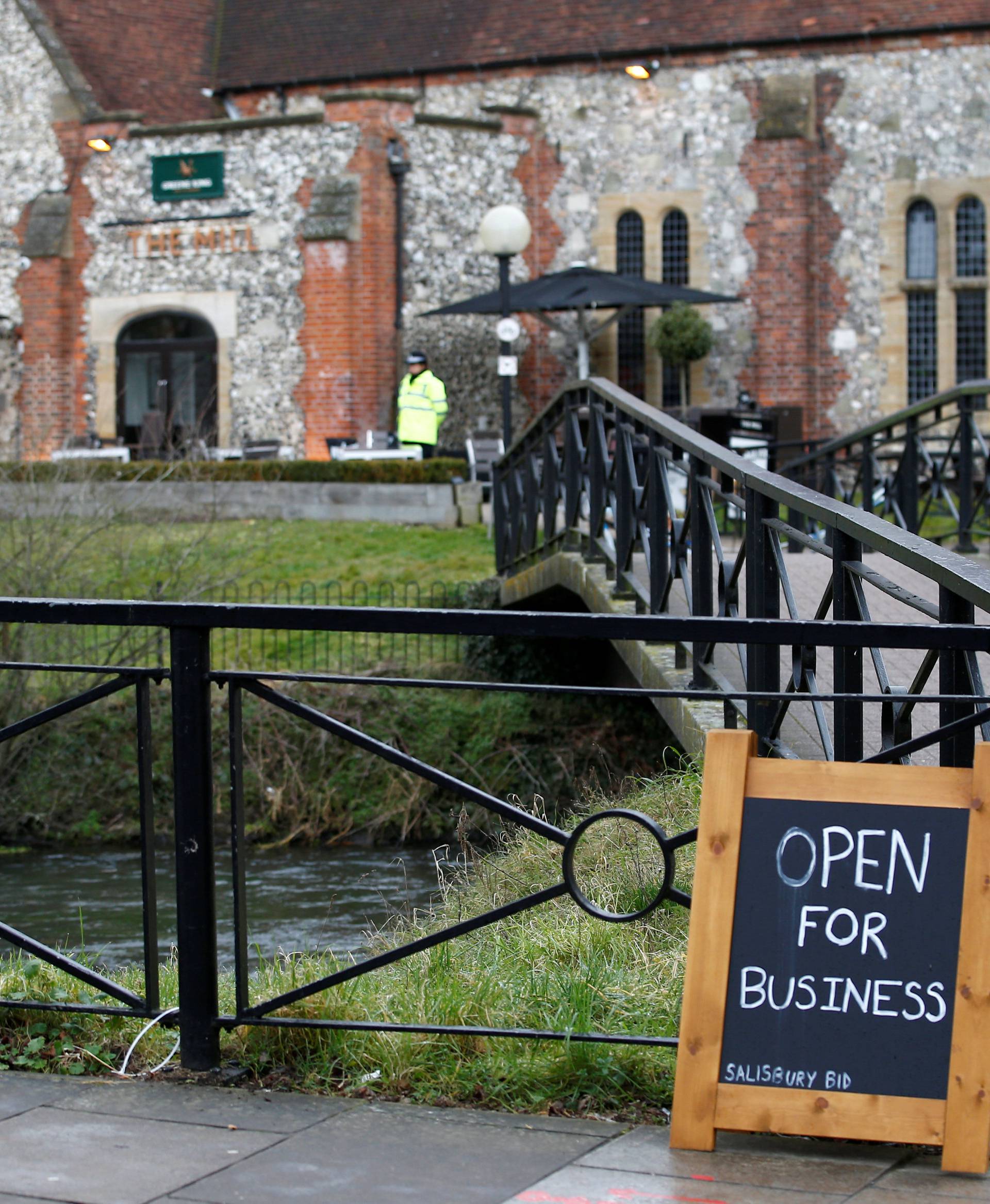 A sign is seen outside a pub which was secured as part of the investigation into the poisoning of former Russian inteligence agent Sergei Skripal and his daughter Yulia, in Salisbury