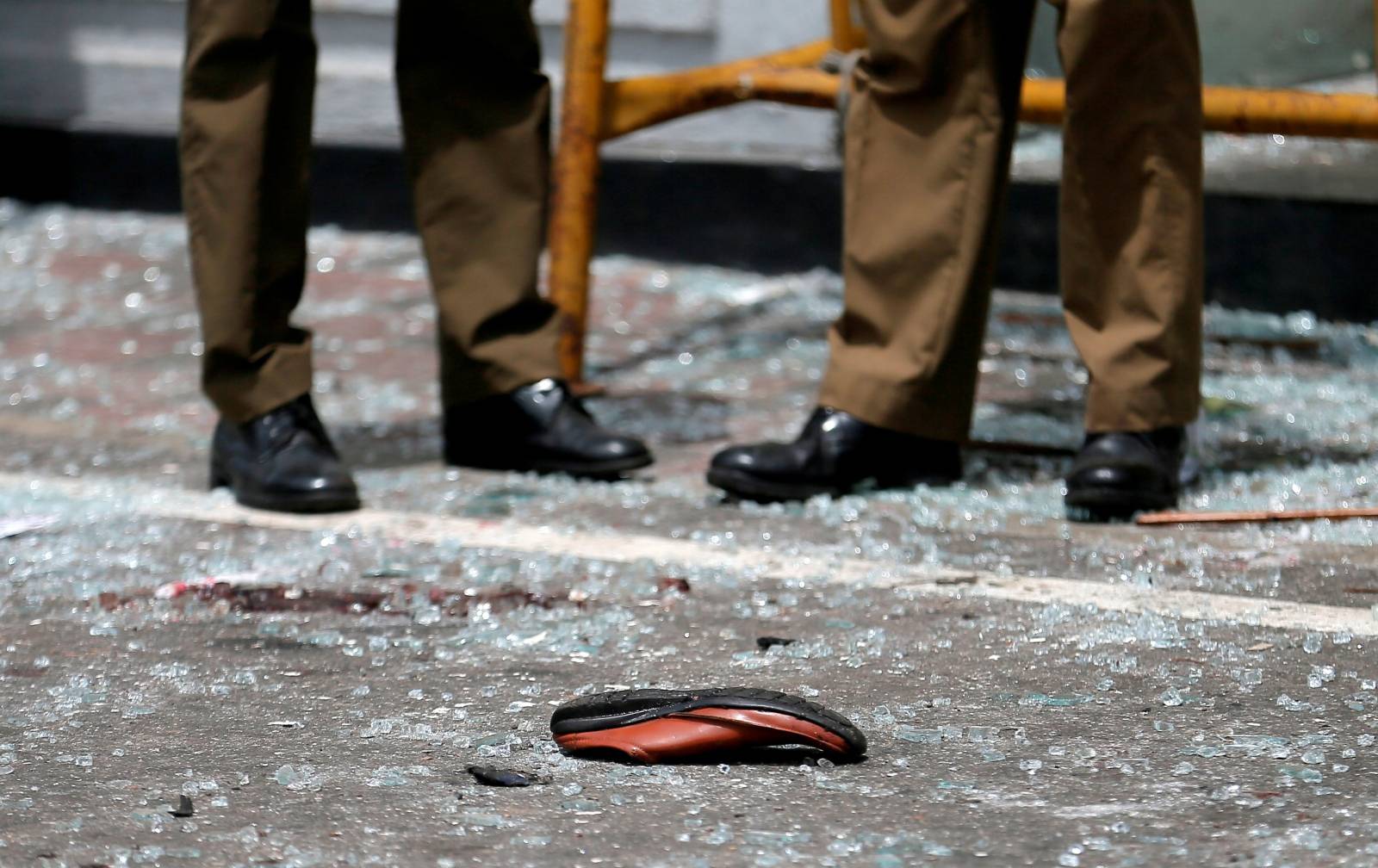 A shoe of a victim is seen in front of the St. Anthony's Shrine, Kochchikade church after an explosion in Colombo