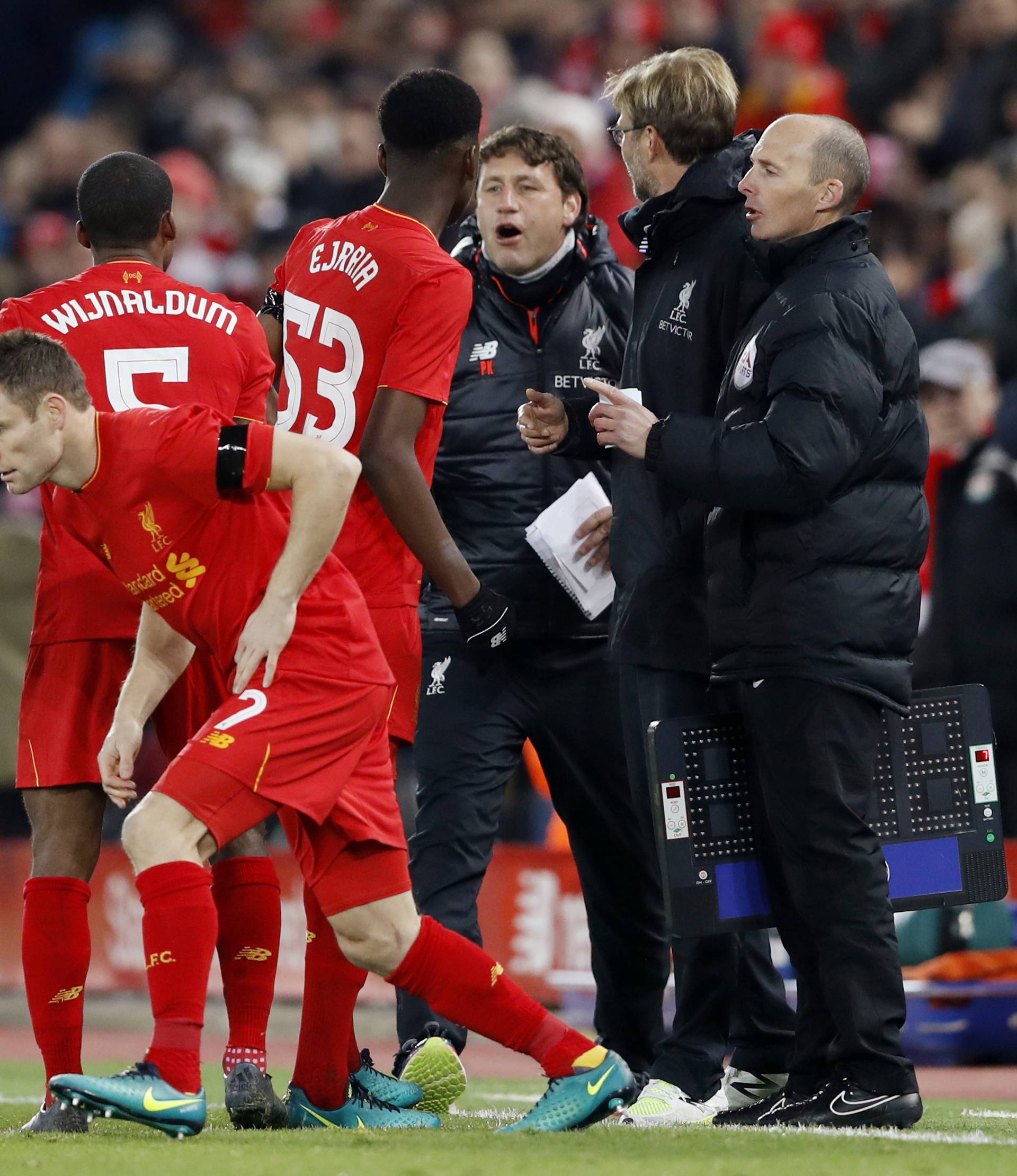 Liverpool's James Milner comes on as a substitute to replace Oviemuno Ejaria