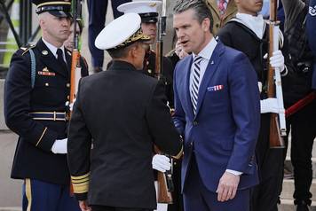 U.S. Defense Secretary Pete Hegseth welcomes El Salvador Defense Minister Rene Merino Monroy at the Pentagon in Washington