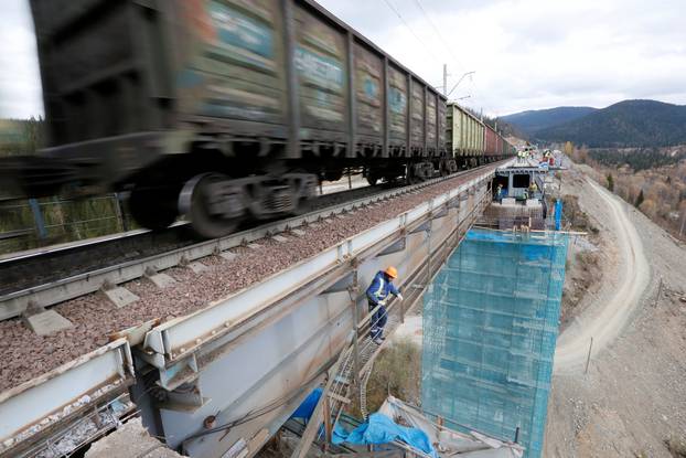 Train moves along Trans-Siberian Railway in Krasnoyarsk region