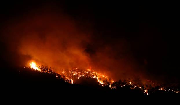 Flames of an approaching forest fire are seen near small village of Monchique