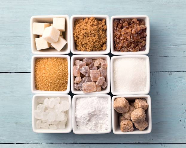 Bowls of various kinds of sugar