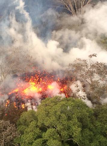 Lava spattering area from an area between fissures 16 and 20 is seen in Hawaii