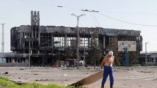 A view shows a destroyed railway station in Mariupol