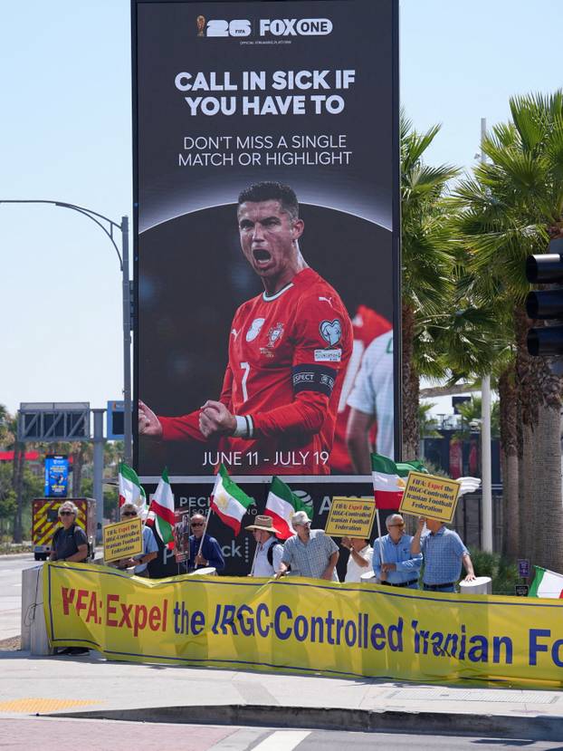Protest ahead of Iran's first match during the FIFA World Cup 2026, near SoFi Stadium
