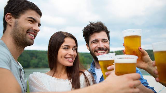 Group of friends holding beers and making a toast