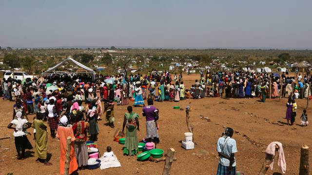 An aerial photograph showing South Sudanese refugees at Bidi Bidi refugeeÃ­s resettlement camp near the border with South Sudan, in Yumbe district