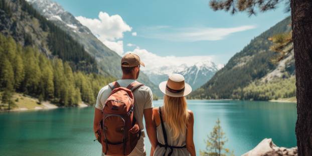 Travelers couple look at the mountain lake. Travel and active life concept with team. Adventure and travel in the mountains region in the Austria