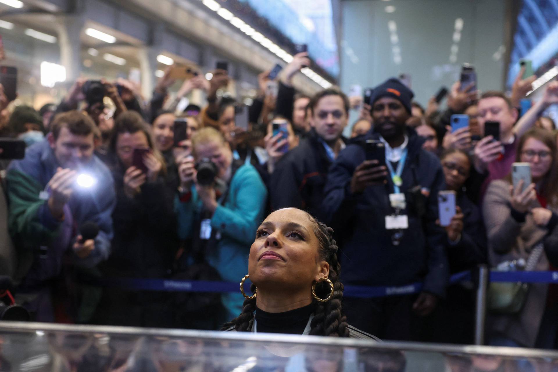 Singer Alicia Keys performs at St. Pancras International Station in London