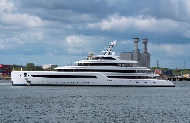 Southampton, England, UK. 18.05.2021.  Super yacht Dilbar 15,917 tonnes, owned by Russian billionare Alisher Usmanov departing the Port of Southampton