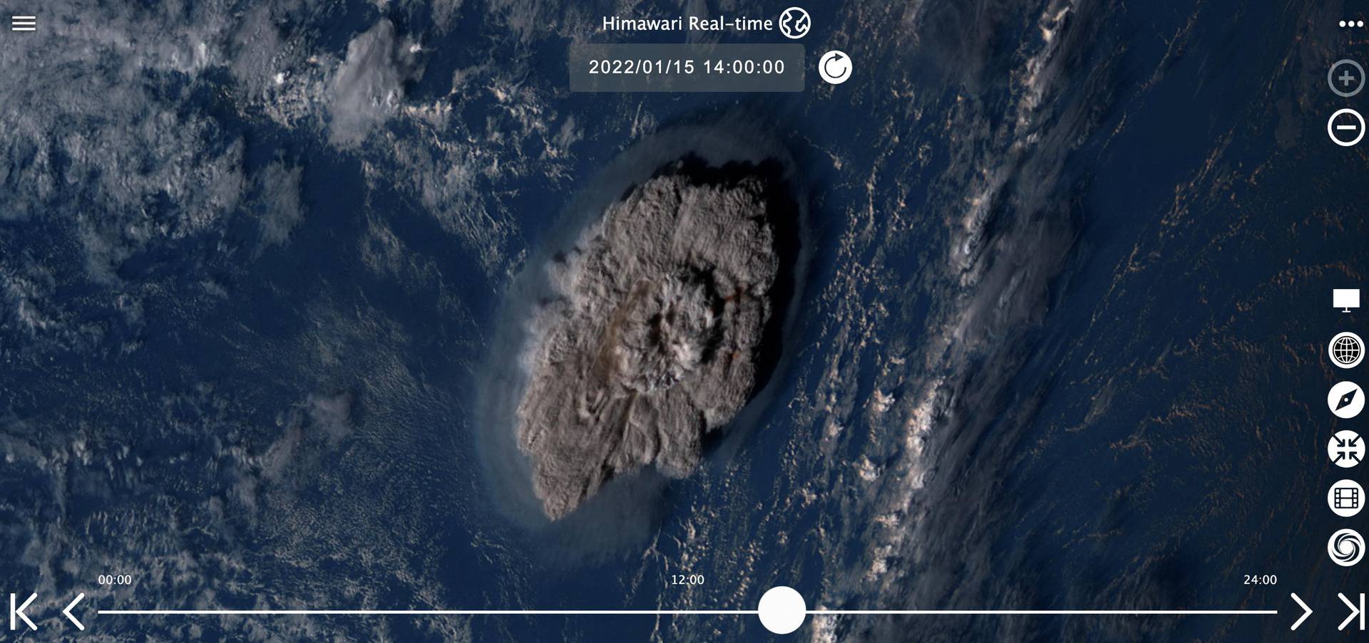 Handout image shows a plume rises over Tonga when the underwater volcano Hunga Tonga-Hunga Ha'apai erupted in this satellite image taken by Himawari-8