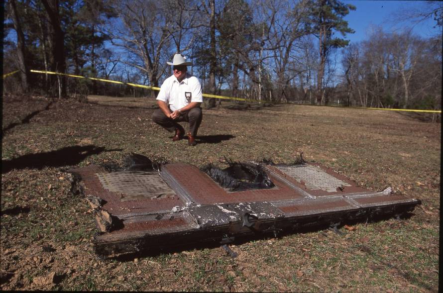 Texas Accidents & Disasters:  2003 Pieces of the Columbia Space Shuttle near Rusk in Cherokee County as debris scattered throughout east Texas in the aftermath of the Space Shuttle Columbia disaster that broke up over east Texas in February, 2003.