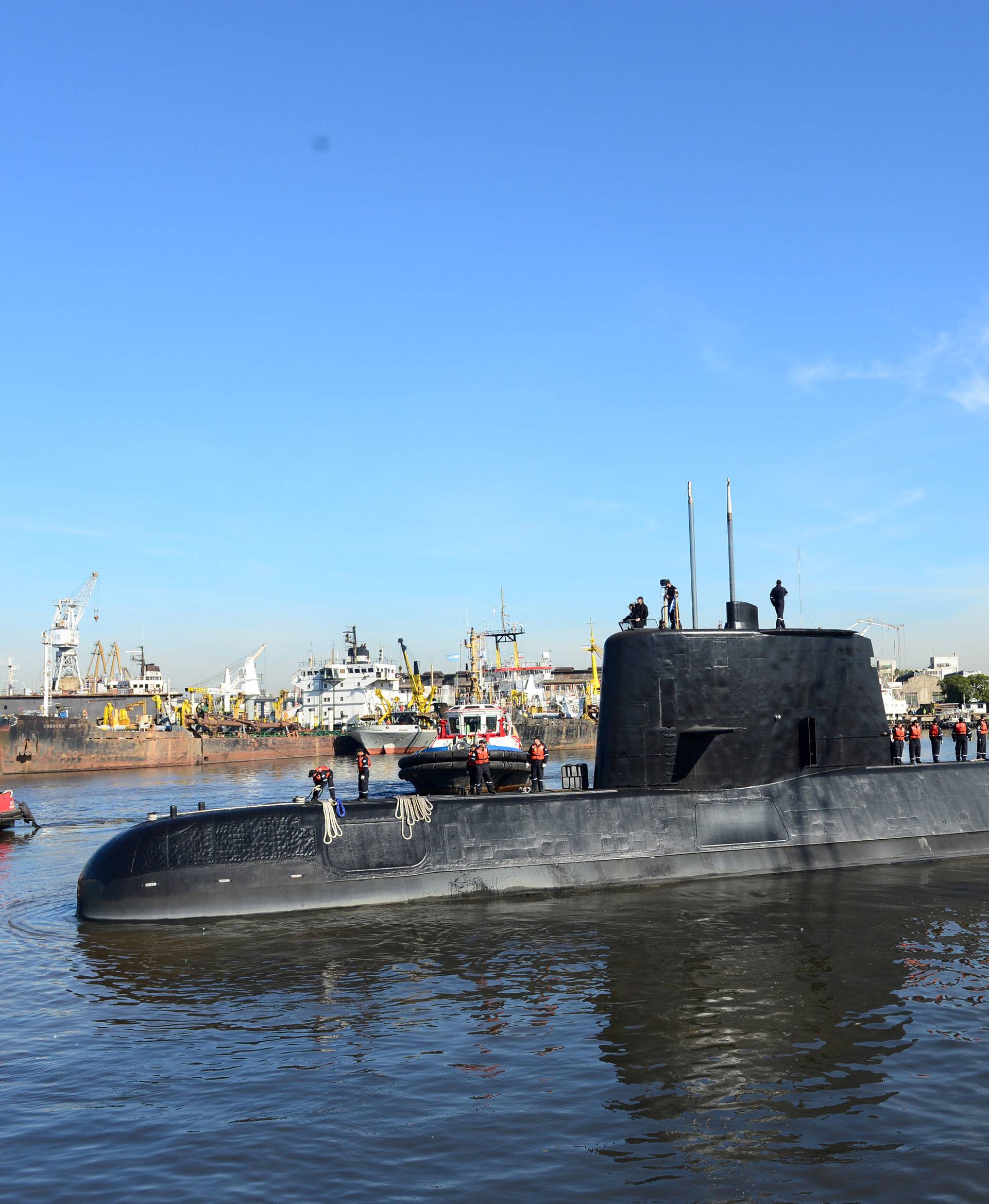 The Argentine military submarine ARA San Juan and crew are seen leaving the port of Buenos Aires