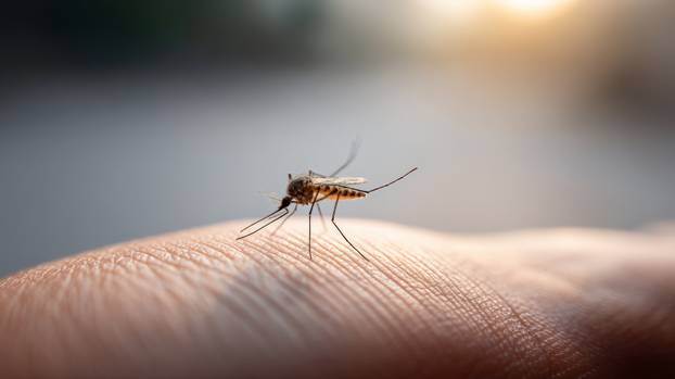 Mosquito perched on human skin, poised for blood meal, carrying potential transmission of dangerous viral diseases like malaria, dengue, and zika