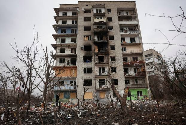 Apartment building damaged during Russian missile strikes in the town of Balakliia